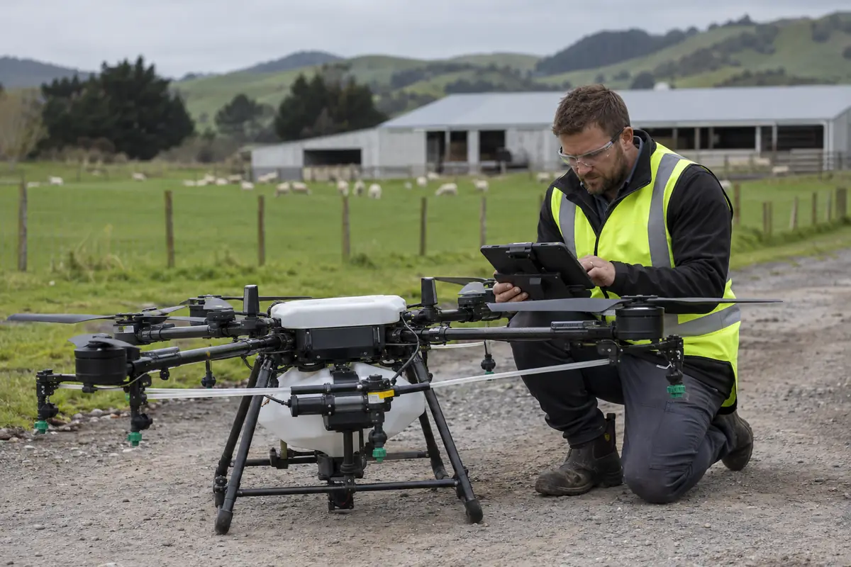 A drone pilot in a high-visibility vest and safety glasses kneels beside an agricultural spray drone on a farm track, checking a tablet before flight